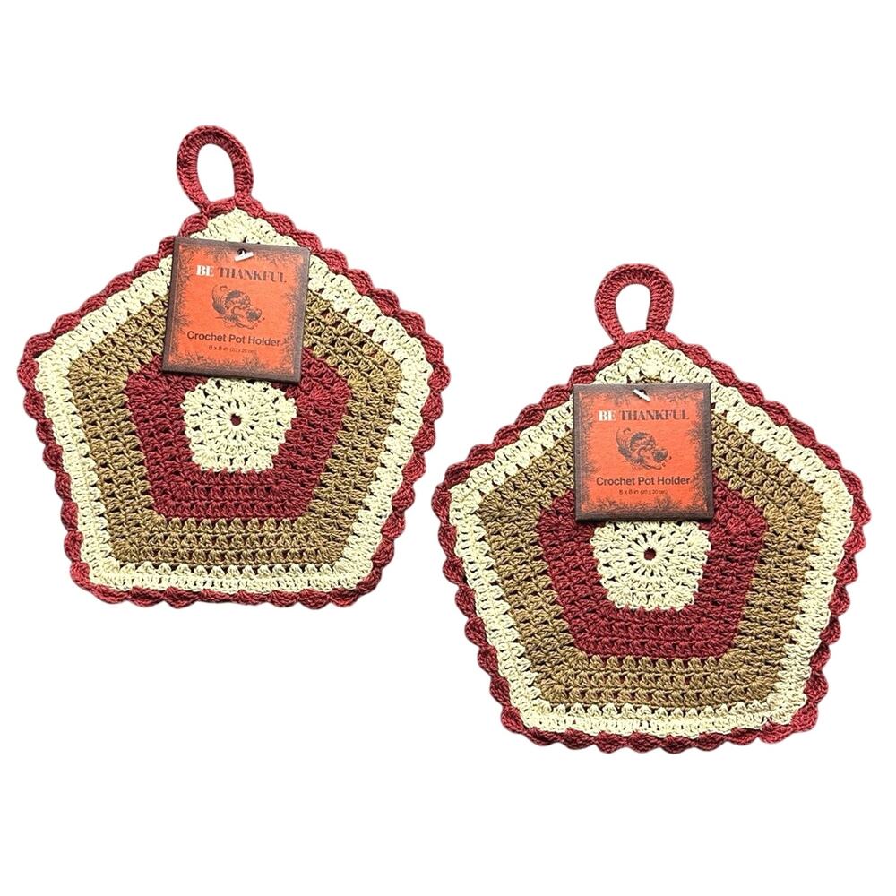 NEW Potholders set 2 crochet 8x8 burgundy tan cream Fall Harvest hanging loops